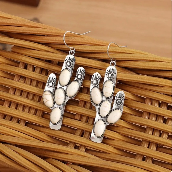 Ethnic Style Cactus Alloy Turquoise Drop Earrings - Picture 1 of 3